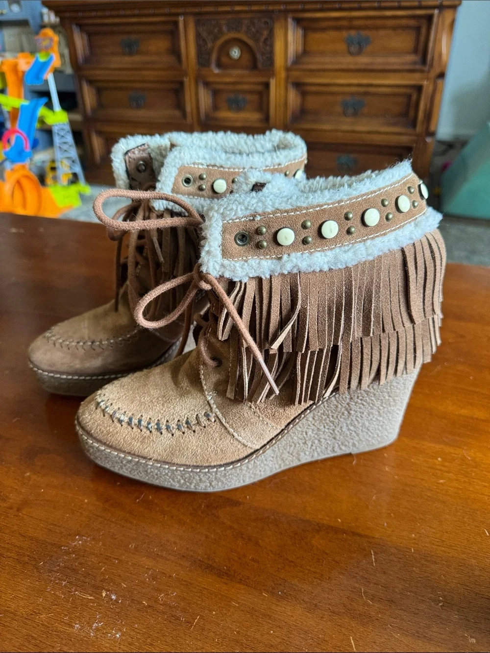 Sam Edelman Fringe Wedge Ankle Boots - Tan